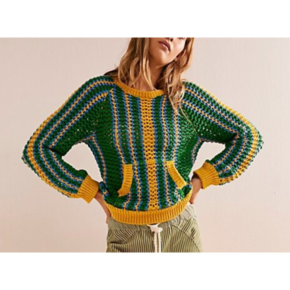 NEW FREE PEOPLE FP BEACH GREEN BLUE YELLOW DAYTON STRIPED PULLOVER SWEATER SZ XS - Picture 2 of 9